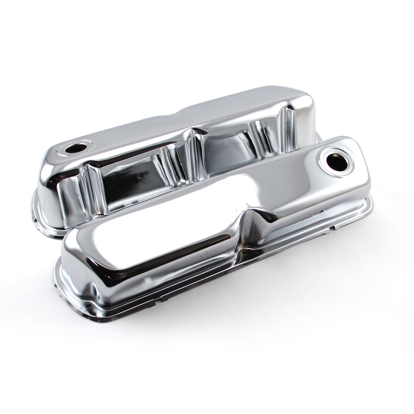 Ford SB 289 302 351 Windsor kromade stålventilkåpor 3 1/2" höga med bafflat hål