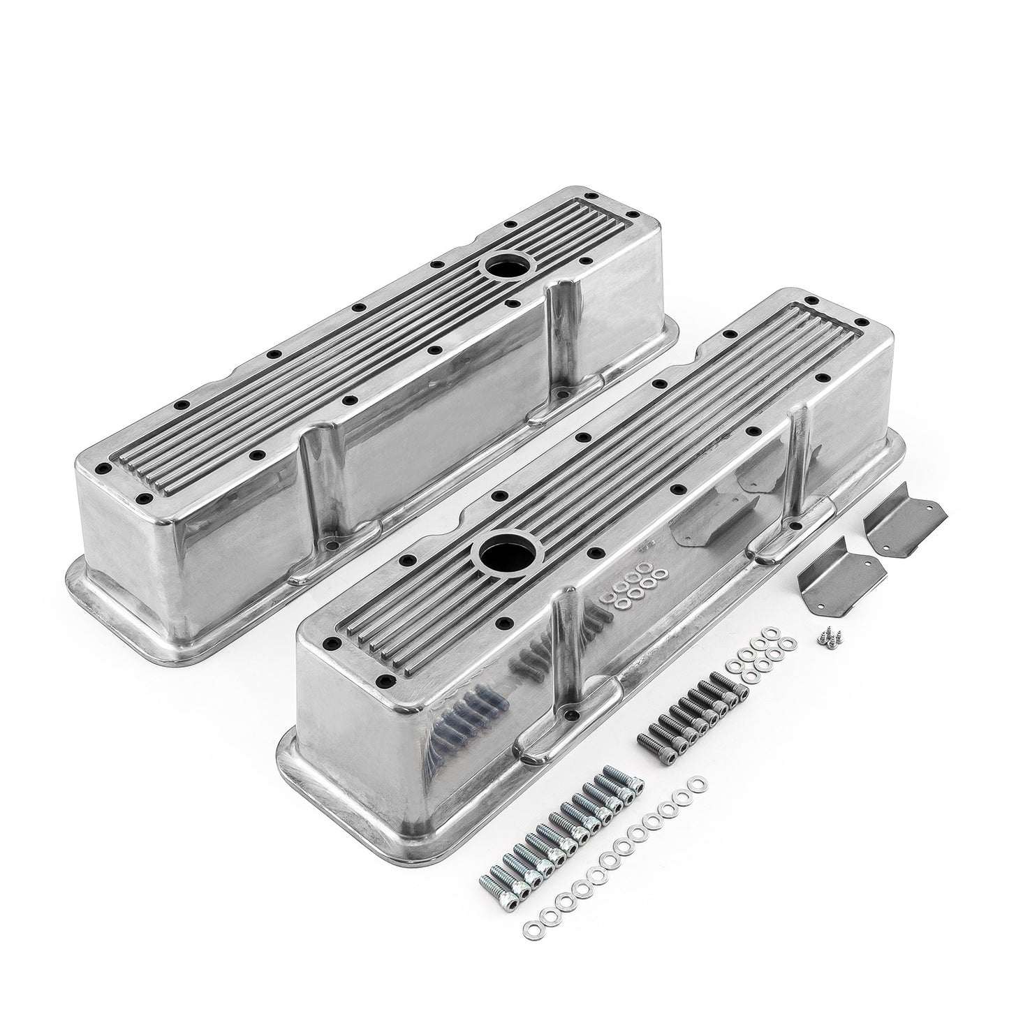 Chevy SBC 350 polerade Ribbed aluminiumventilkåpor – höga med hål