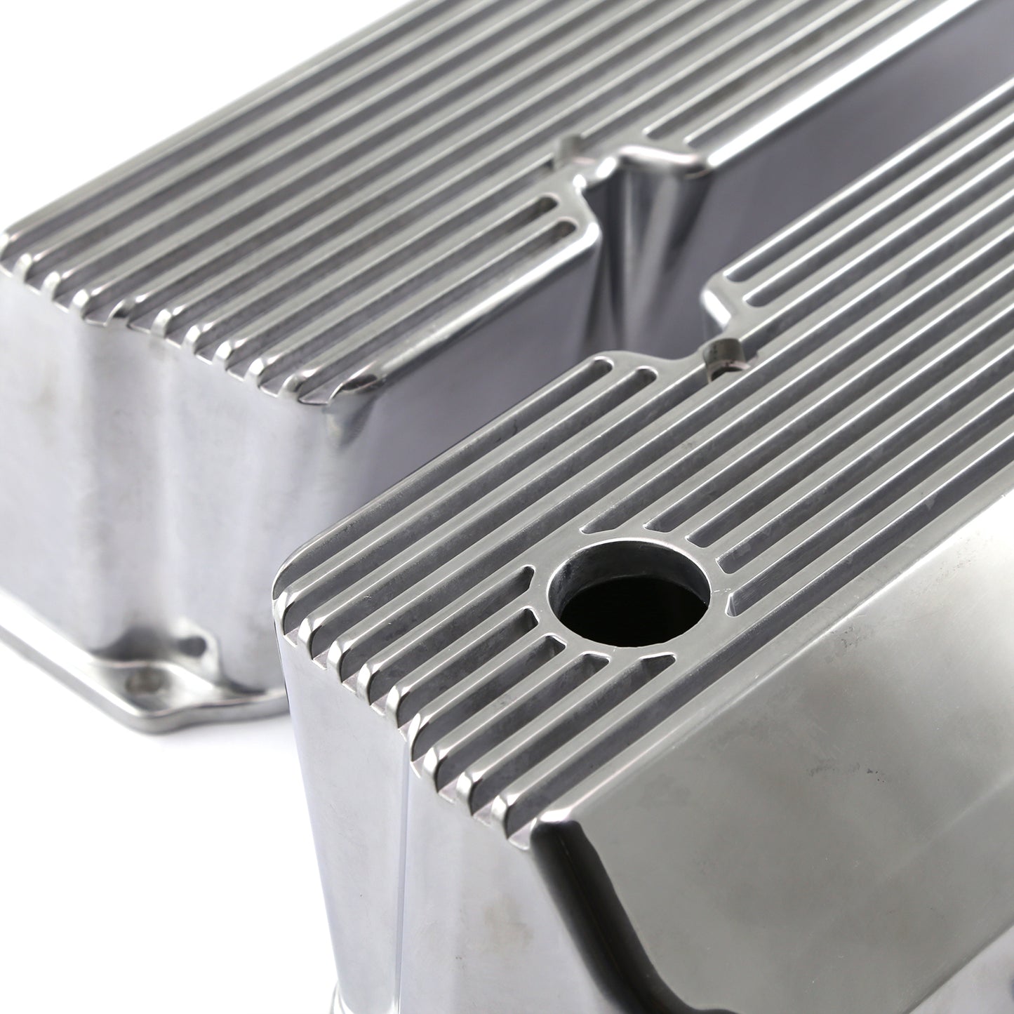 Ford 351C Cleveland polerade aluminium ribbad Valve Covers höga med hål