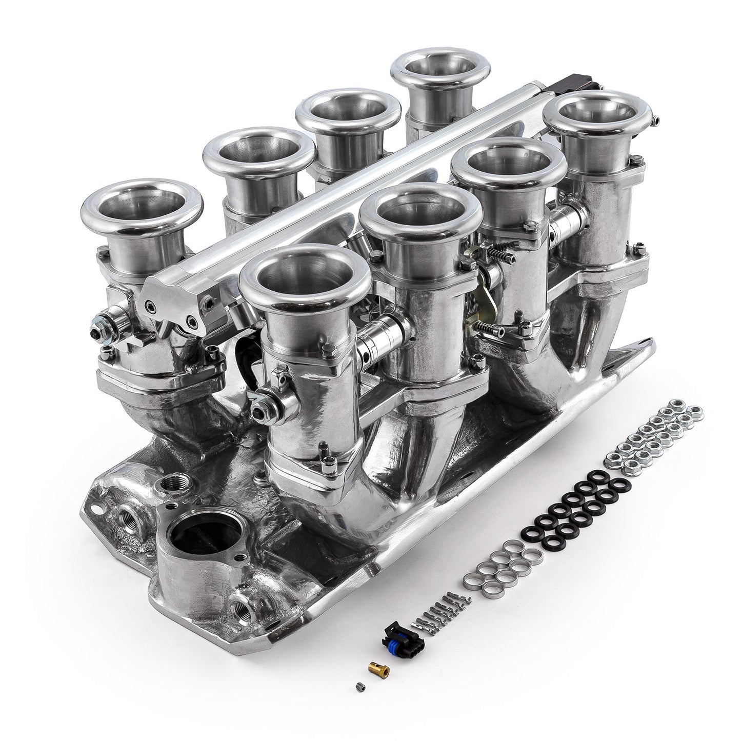 Chevrolet SBC 350 Downdraft 8-stack EFI-insugssystem komplett, polerat