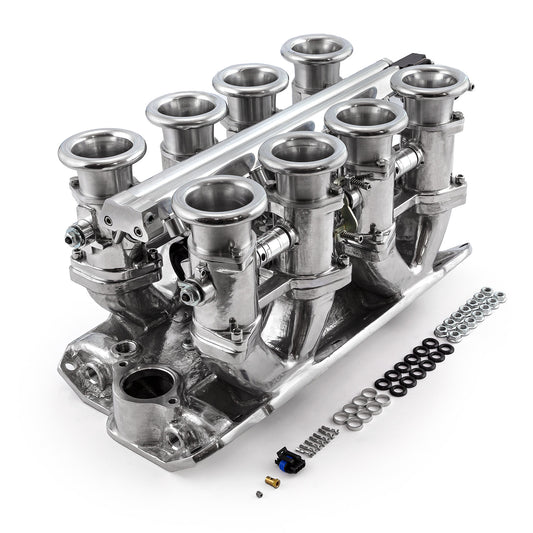 Chevrolet SBC 350 Downdraft 8-stack EFI-insugssystem komplett, polerat
