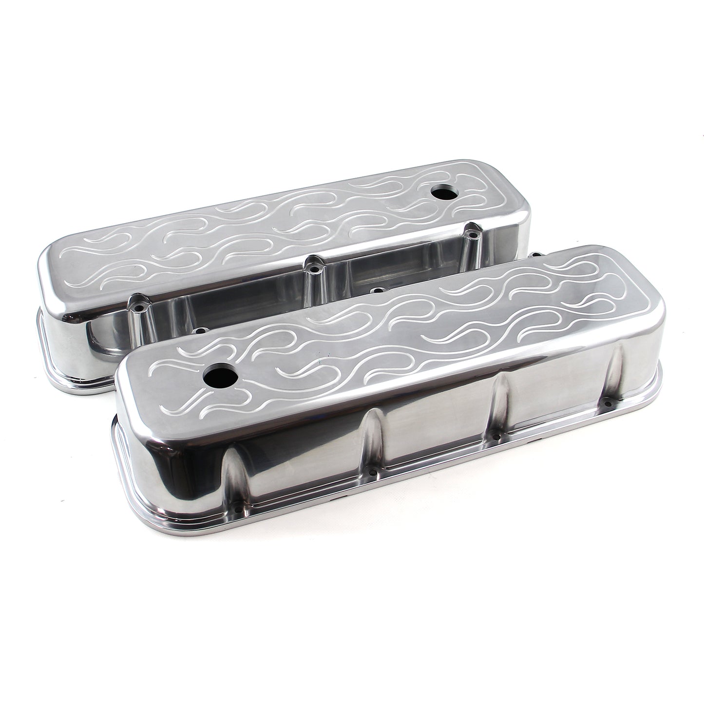 Chevy BBC 454 aluminium flammönstrad Valve Cover – höga med hål