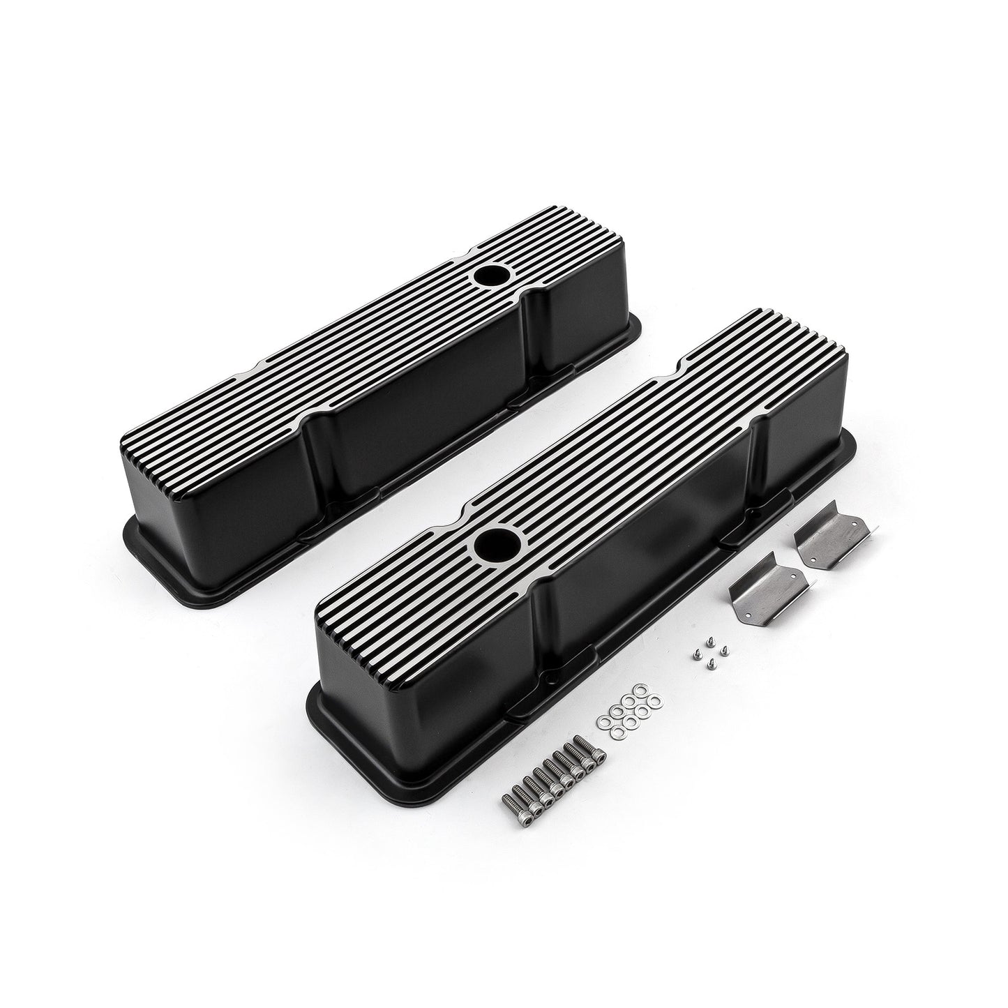 Chevy SBC 350 svarta aluminium Ribbed Valve Covers höga med hål