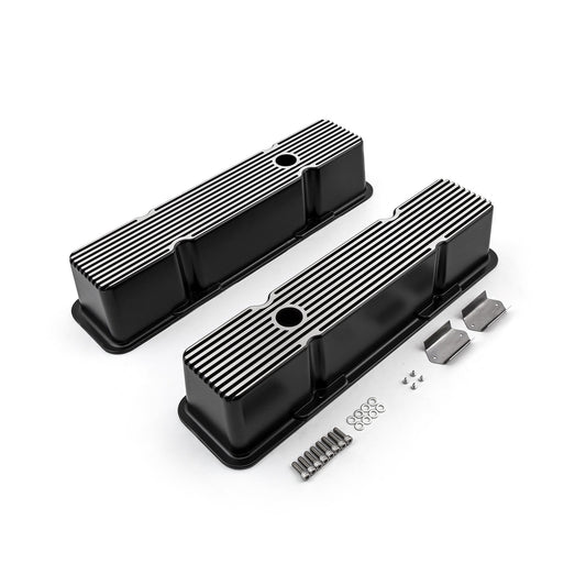 Chevy SBC 350 svarta aluminium Ribbed Valve Covers höga med hål