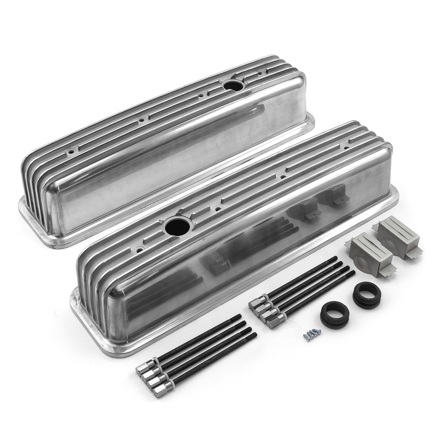 Chevy SBC 350 centrumbult klassisk ribbad aluminiumventilkåpor – höga med hål