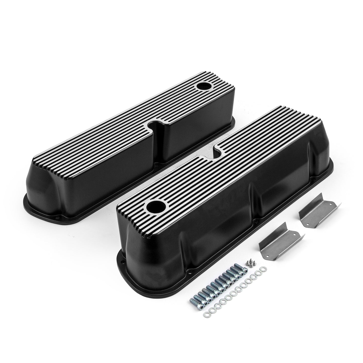 Ford SB 289 302 351 Windsor svarta aluminium Ribbed Valve Covers höga med hål