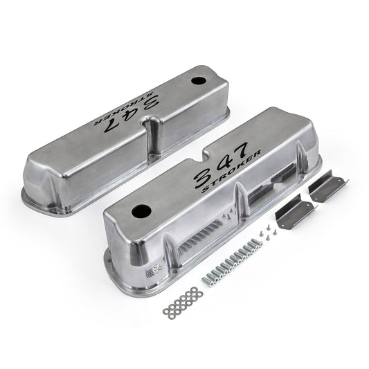 Ford SB 289 302 351w polerade aluminium 347 Stroker svarta Letter Valve Covers