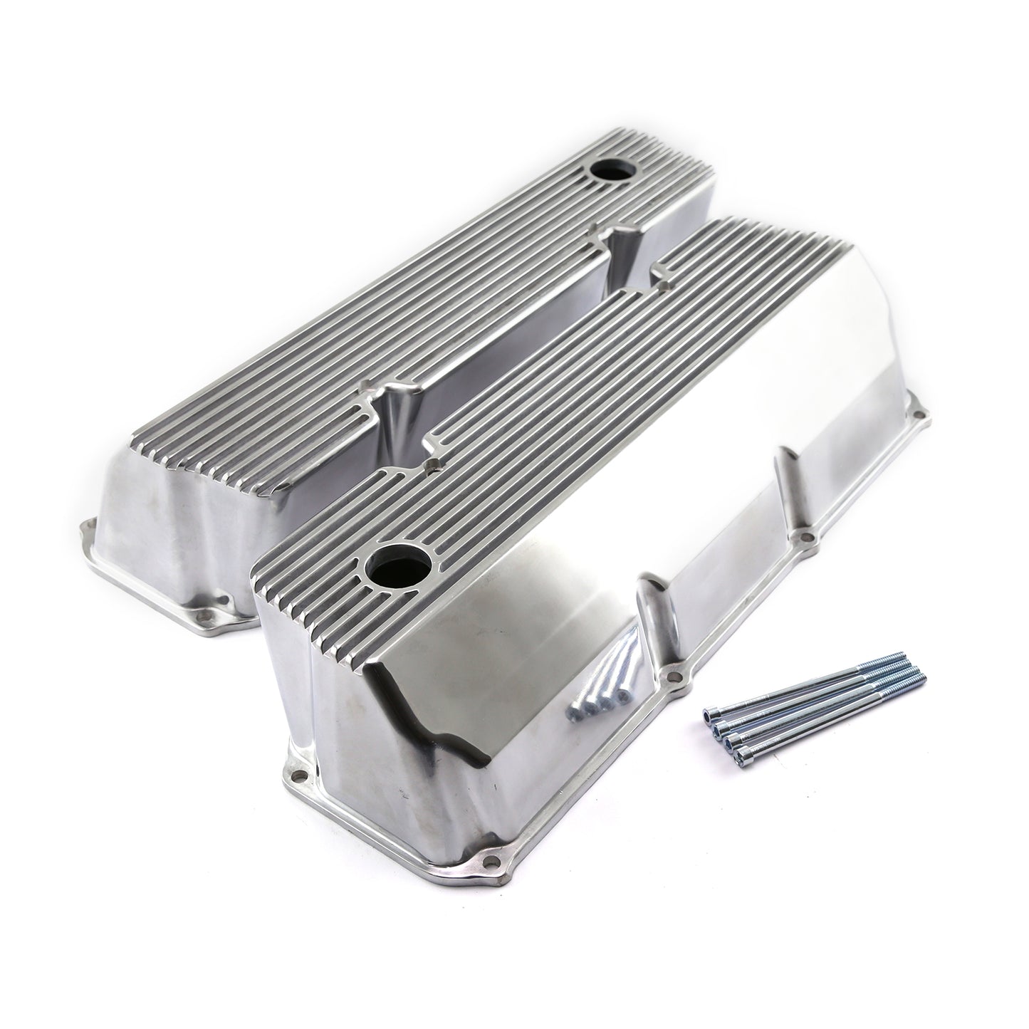 Ford 351C Cleveland polerade aluminium ribbad Valve Covers höga med hål